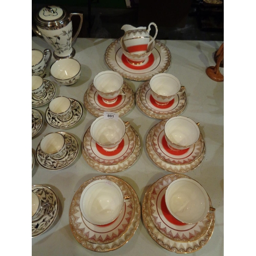 801 - A MYOTT AND CO COFFEE SET IN WHITE AND SILVER AND A FURTHER CHINA EXAMPLE TO INCLUDE A SANDWICH PLAT... 