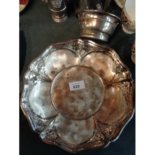 820 - FIVE EXAMPLES OF WHITE METAL WARE TO INCLUDE A COMPORT, A DISH, A SHALLOW BOWL ETC