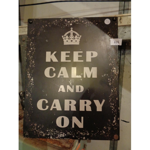 829 - A TIN METAL 'KEEP CALM AND CARRY ON' SIGN30.5CM X 39.5CM