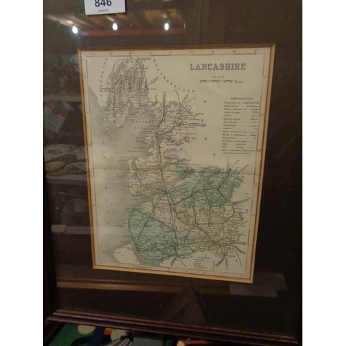 846 - A FRAMED SCALE MAP OF LANCASHIRE AND A FRAMED DEPICTION OF BELVOIR CASTLE