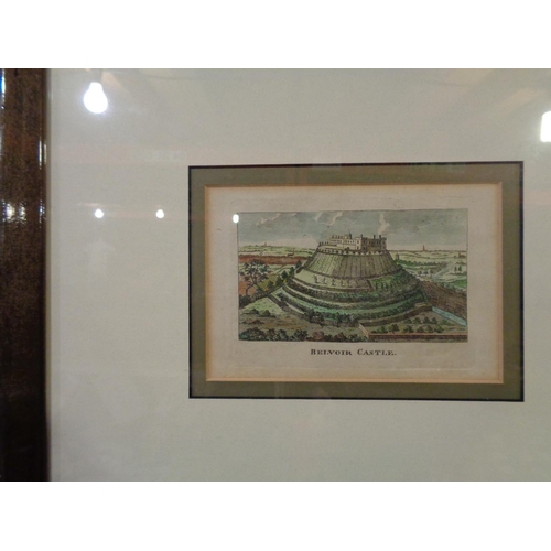 846 - A FRAMED SCALE MAP OF LANCASHIRE AND A FRAMED DEPICTION OF BELVOIR CASTLE