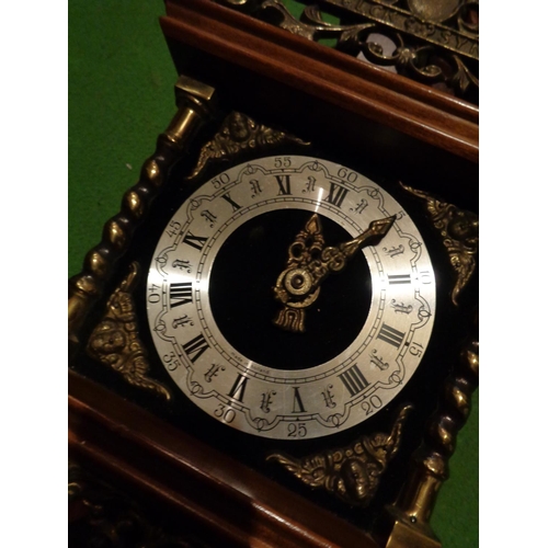 889 - AN ORNATE VINTAGE MAHOGANY AND BRASSWORK CLOCK WITH GREEK 'ATLAS' DETAIL TO ALSO INCLUDE THE WEIGHTS... 