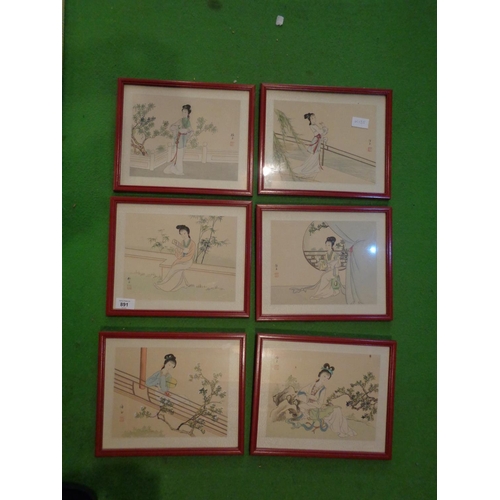 891 - A GROUP OF SIX ORIENTAL STYLE PRINTS 29.5 CM X24.5 CM