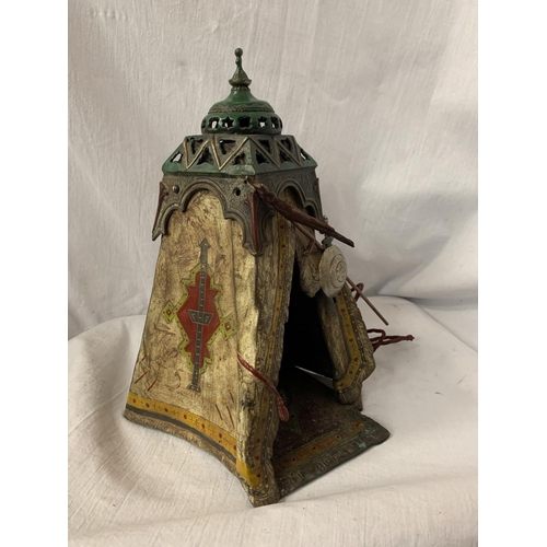 24 - A BERGMAN STYLE COLD PAINTED BRONZE LAMP DEPICTING AN AFRICAN TRIBESMAN IN A TENT - HEIGHT APPROXIMA... 