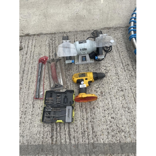 1785 - VARIOUS TOOLS AND HARDWARE - A BENCH GRINDER, DEWALT DRILL, SCREWDRIVER SET ETC