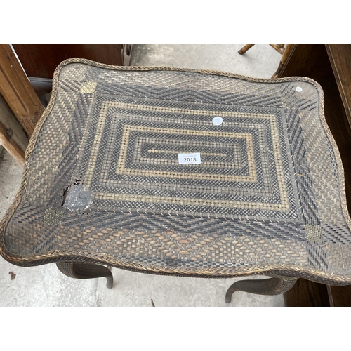 2017 - A 19TH CENTURY COLOURED CANE WORK TABLE WITH LIFT-UP LID ON CABRIOLE LEGS, 21X16