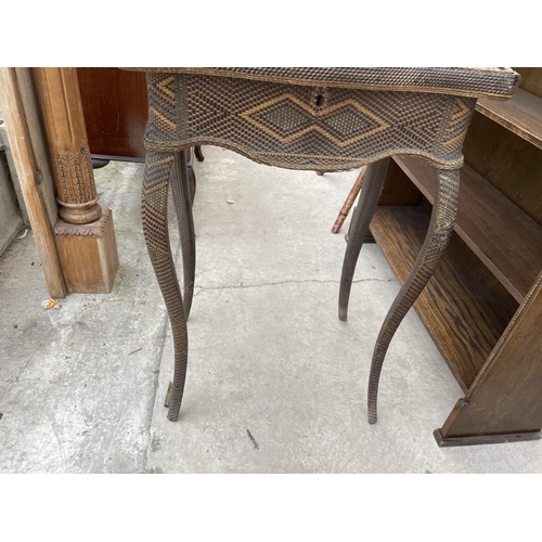 2017 - A 19TH CENTURY COLOURED CANE WORK TABLE WITH LIFT-UP LID ON CABRIOLE LEGS, 21X16