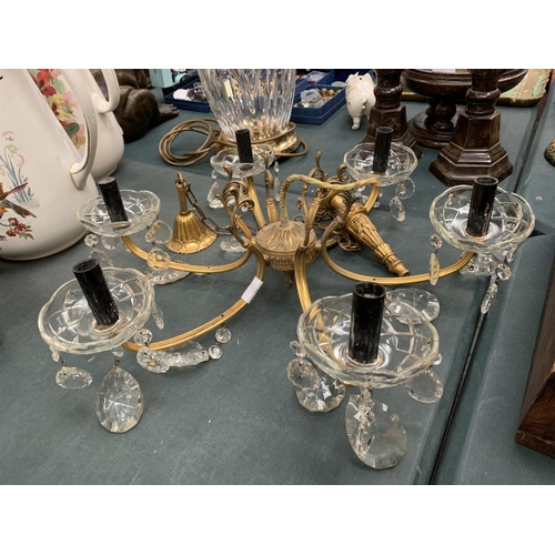 73 - A VINTAGE SIX BRANCH FRENCH (MONTELLIMAR) CHANDELIER LIGHT FITTING WITH CUT GLASS DROPLETS