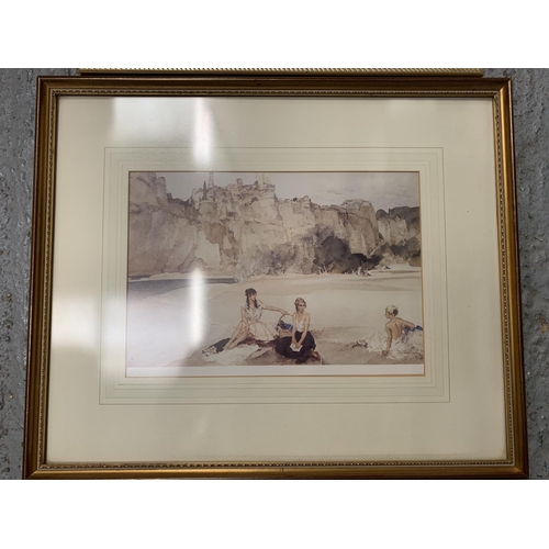 144 - A PAIR OF GILT FRAMED SEURAT STYLE PRINTS TO ALSO INCLUDE A GILT FRAMED PRINT IN THE FORM OF THREE W... 