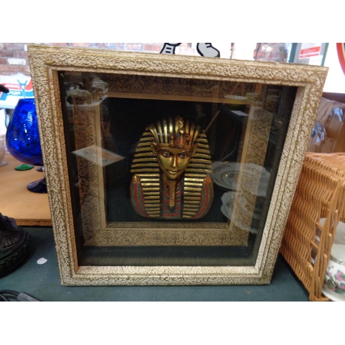 291 - A GLASS DISPLAY BOX PRESENTING A BUST OF TUTANKHAMUN 41CM X 41CM