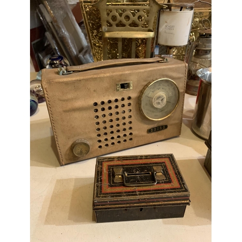 428 - A QUANTITY OF BRASS ITEMS TO INCLUDE A VINTAGE BAIRD RADIO (A/F), TWO METAL TINS ETC