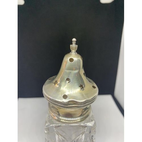 540 - A SILVER TOPPED SQUARE CUT GLASS SUGAR SHAKER