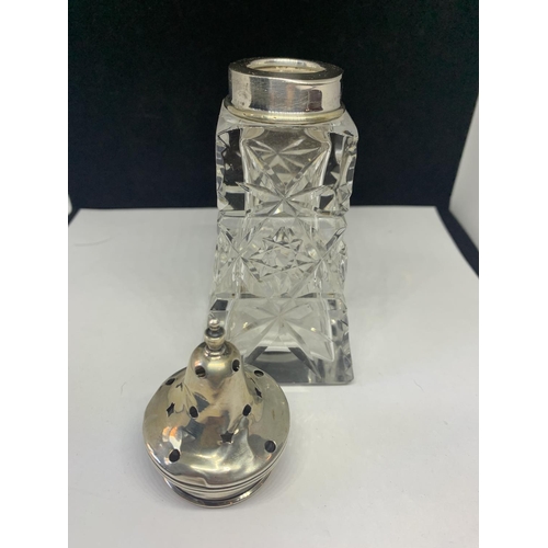 540 - A SILVER TOPPED SQUARE CUT GLASS SUGAR SHAKER