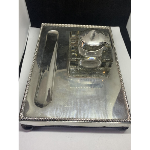 548 - A SILVER PEN TRAY AND INKWELL