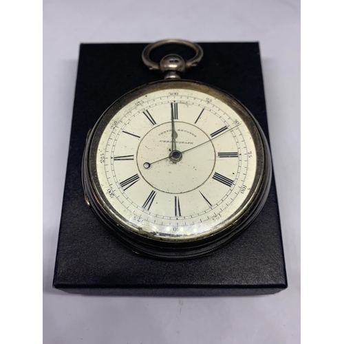 555 - A SILVER CHRONOGRAPH POCKET WATCH IN WORKING ORDER