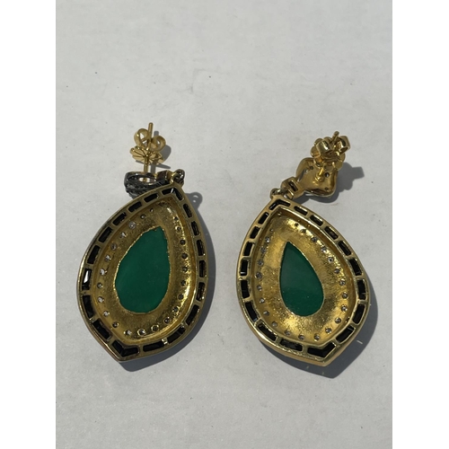 583 - A PAIR OF JADE ON BLACK ONYX EARRINGS WITH DIAMOND SURROUND AND YELLOW AND WHITE METAL