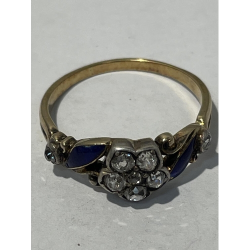 586 - AN ANTIQUE GOLD FIVE STONE DIAMOND FLOWER CLUSTER RING WITH ROYAL BLUE ENAMAL SIZE Q (BELIEVED 200 Y... 