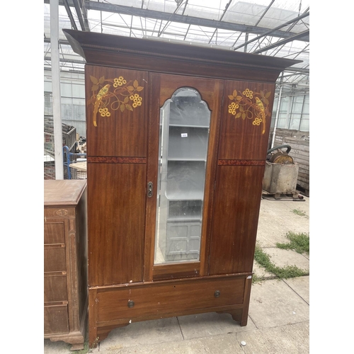 2515 - AN EDWARDIAN MAHOGANY MIRROR-DOOR WARDROBE INLAID WITH EXOTIC BIRDS AND FAUNA W:57