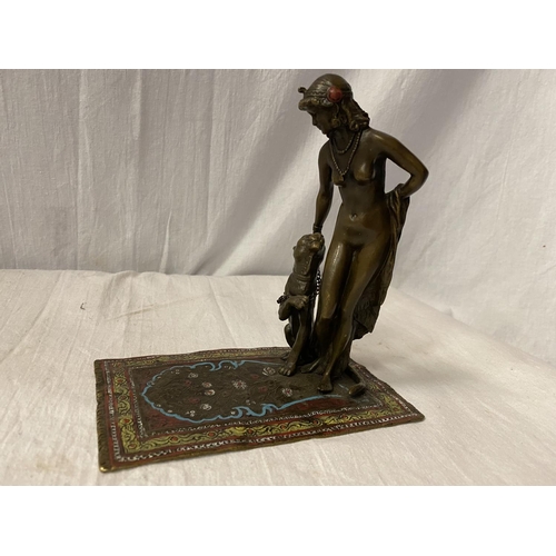 27 - A BERGMAN STYLE COLD PAINTED NAN GREB BRONZE IN THE FORM OF A DANCER AND LIONESS H: APPROXIMATELY 15... 