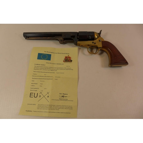 312 - A DEACTIVATED PIETTA 9MM NAVY COLT REVOLVER 18.5CM BARREL TOGETHER WITH AN EU DEACTIVATION CERTIFICA... 