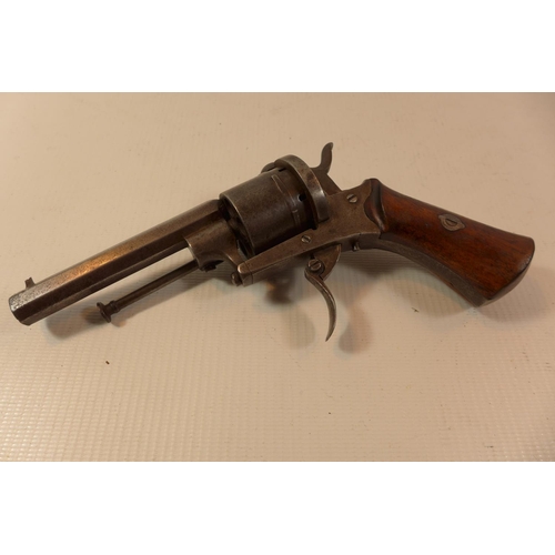 336 - A SIX SHOT 7.65 CALIBRE PINFIRE REVOLVER WITH AN 8.5CM BARREL AND FOLDING TRIGGER