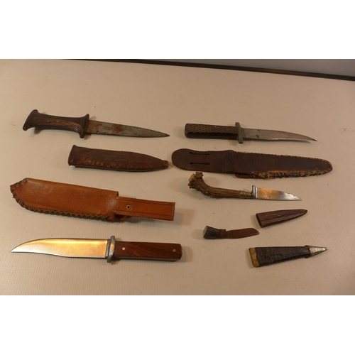 362 - FIVE ASSORTED HUNTING KNIVES, BLADE LENGTHS FROM 9CM TO 15CM