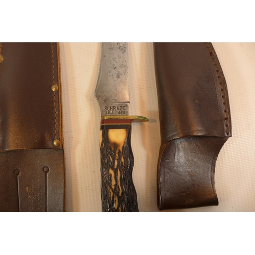 364 - THREE ASSORTED BOWIE HUNTING KNIVES, TO INCLUDE A USA SCHRADE EXAMPLE, BLADE LENGTHS FROM 10CM TO 14... 