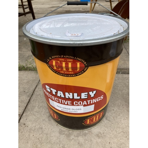 387 - A 20L DRUM OF STANLEY PROTECTIVE COATING RED OXIDE GLOSS PAINT +VAT