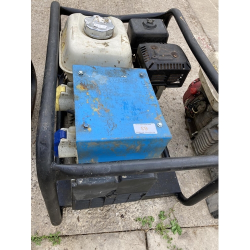 63 - GENERATOR WITH HONDA ENGINE  NO VAT