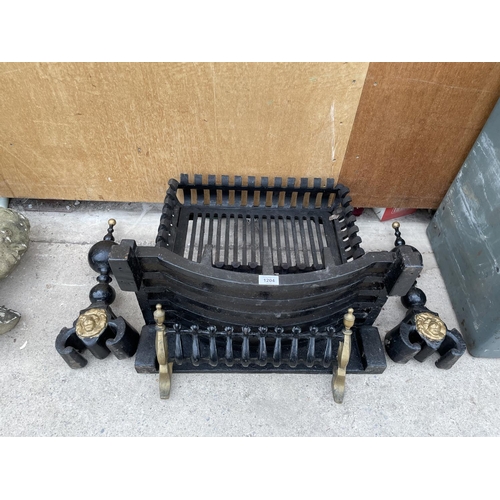 1204 - A CAST IRON FIRE GRATE WITH MATCHING FRONT AND  PAIR OF FIRE DOGS TO ALSO INCLUDE A FURTHER CAST IRO... 