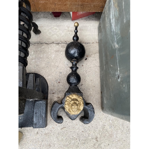 1204 - A CAST IRON FIRE GRATE WITH MATCHING FRONT AND  PAIR OF FIRE DOGS TO ALSO INCLUDE A FURTHER CAST IRO... 