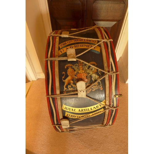 344 - A LARGE EARLY 20TH CENTURY ROYAL ARTILLARY REGIMENTAL BASS DRUM, 82 CM DIAMETER, WITH ROYAL COAT OF ... 