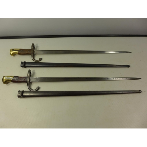 531 - TWO FRENCH GRAS BAYONETS DATED 1877 AND 1879, LENGTH OF BLADES 52CM