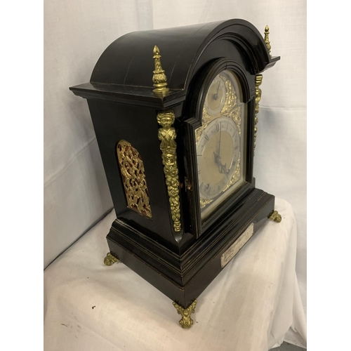 30 - A VICTORIAN EBONISED BRACKET CLOCK WITH SILVERISED DIAL, GILDED DECORATION AND PIERCED SIDE PANELS, ... 