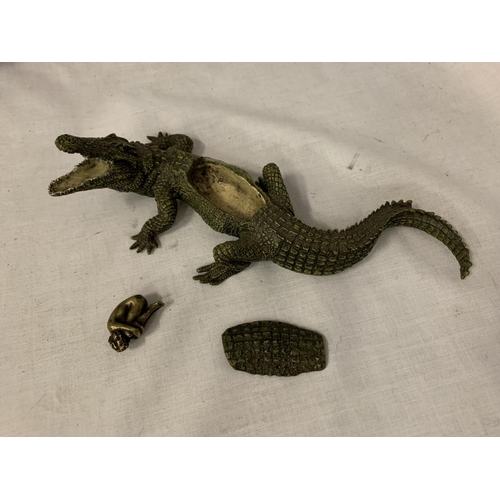 11 - A FRANZ BERGMAN STYLE COLD PAINTED BRONZE CROCODILE WITH A REMOVABLE AND A CURLED UP LADY INSIDE PAN... 