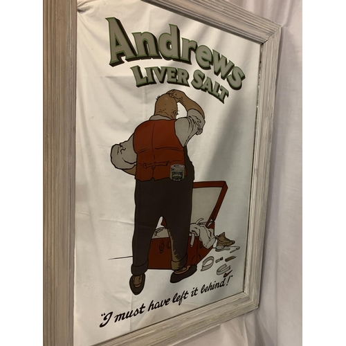 19 - A LARGE VINTAGE ANDREW'S LIVER SALTS MIRROR WITHIN A PAINTED WOODEN FRAME 94CM X 68CM