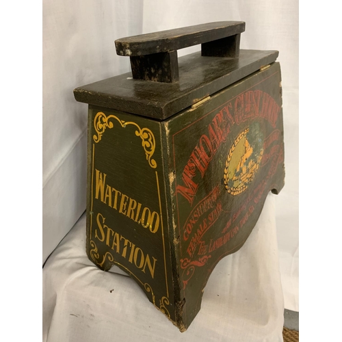 28 - A PAINTED AVERTISING SHOE SHINE BOX WATERLOO STATION ' MRS HOARES GUEST HOUSE - THE LANDLADY CAN TAK... 