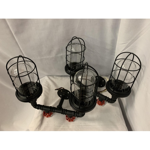 31 - A PAIR OF INDUSTRIAL STYLE TWIN WALL LIGHTS WITH CAGED SHADES AND STEAM PIPE WITH TAPS EFFECT