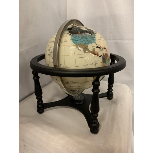 33 - A WORLD GLOBE ON A STAND WITH SEMI PRECIOUS STONES AND AGATE