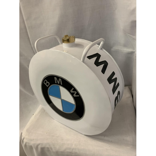 41 - A WHITE BMW PETROL CAN WITH A BRASS TOP