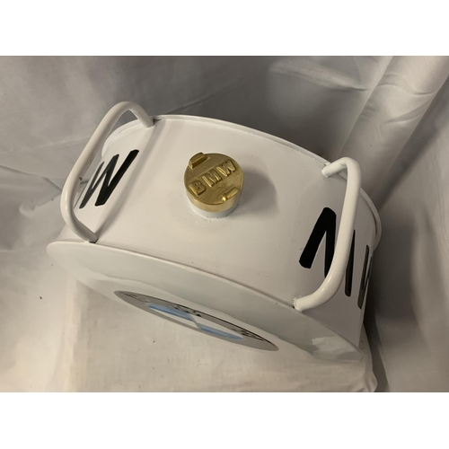 41 - A WHITE BMW PETROL CAN WITH A BRASS TOP