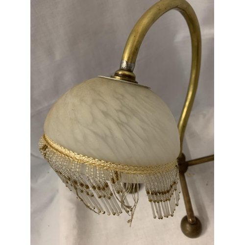 44 - A BENSON BRASS TABLE LAMP WITH DECO GLASS SHADE AND FRINGE