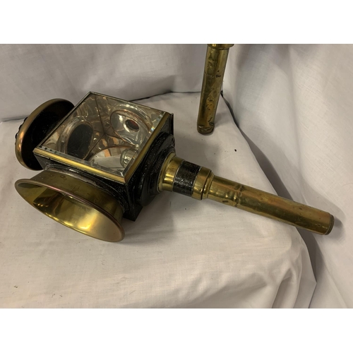 8 - A PAIR OF VINTAGE BRASS COACHING LAMPS (ONE WITH GLASS A/F)