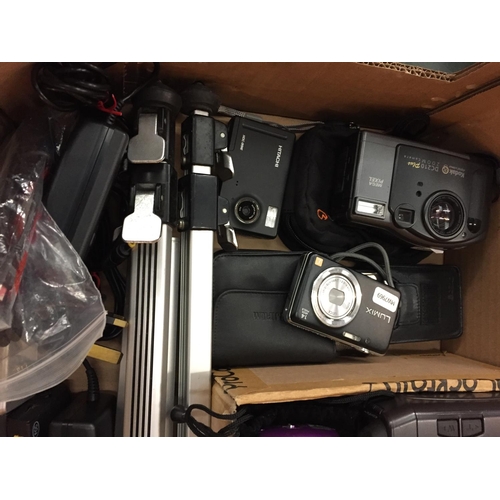 104 - A BOX OF CAMERAS AND EXTRAS TO INCLUDE A TRIPOD