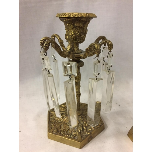 111 - TWO HEAVY CANDLE HOLDERS WITH HANGING GLASS DROPLETS (ONE DROP NOT MATCHING AND ONE A/F)