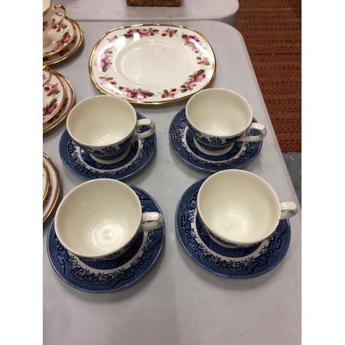 120 - A SET OF SIX ELLIS SYKES FINE BONE CHINA TRIOS  AND A SET OF SIX BLUE WILLOW PATTERN CUPS AND SAUCER... 