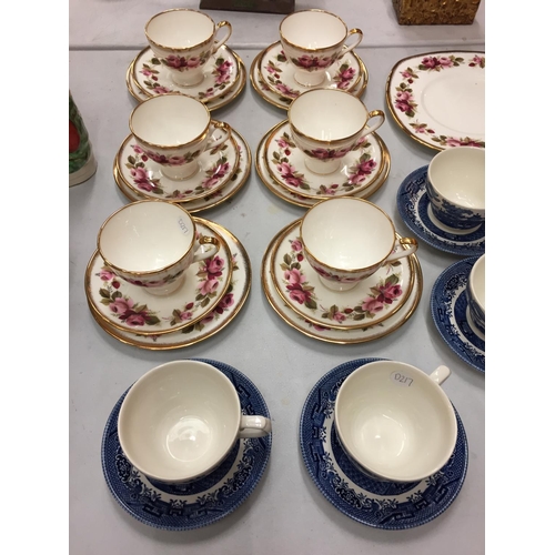 120 - A SET OF SIX ELLIS SYKES FINE BONE CHINA TRIOS  AND A SET OF SIX BLUE WILLOW PATTERN CUPS AND SAUCER... 