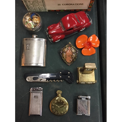 85 - A CIGAR BOX WITH CONTENTS TO INCLUDE LIGHTERS AND A DRINKS FLASK