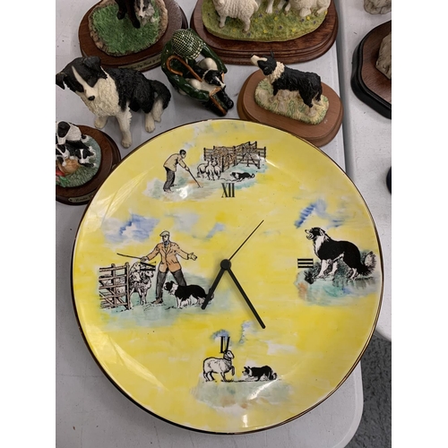 145 - A COLLECTION OR BORDER COLLIE ORNAMENTS TO INCLUDE A CLOCK IN THE STYLE OF A PLATE