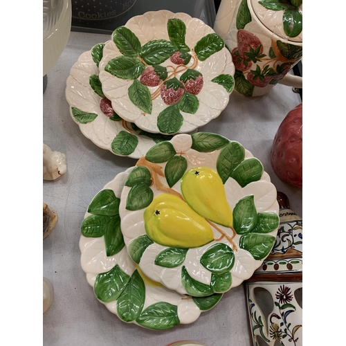 169 - A SELECTION OF FRUIT DU JOUR CERAMICWARE BY SHAFFORD A STRAWBERRY JUG AND A DECORATED WALL HANGER